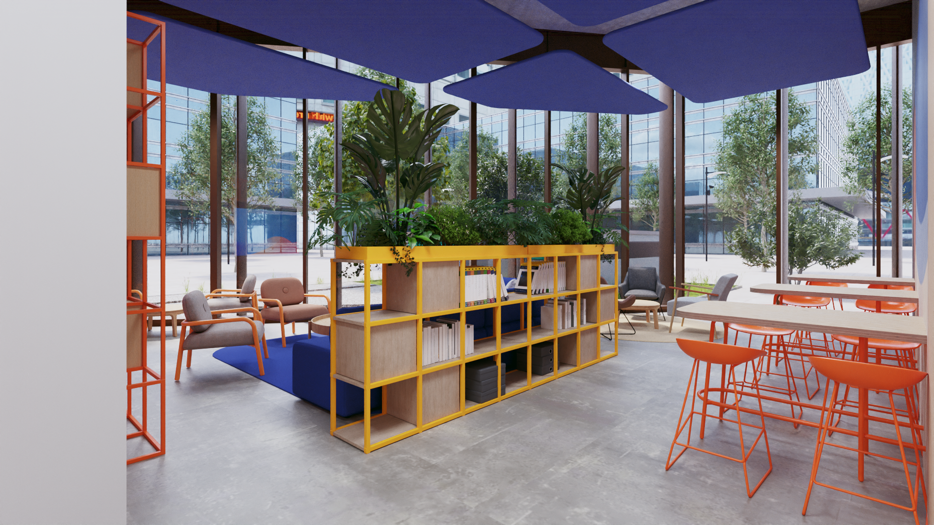 Ground-floor breakout area with lounge seating, bookshelves and indoor plants
