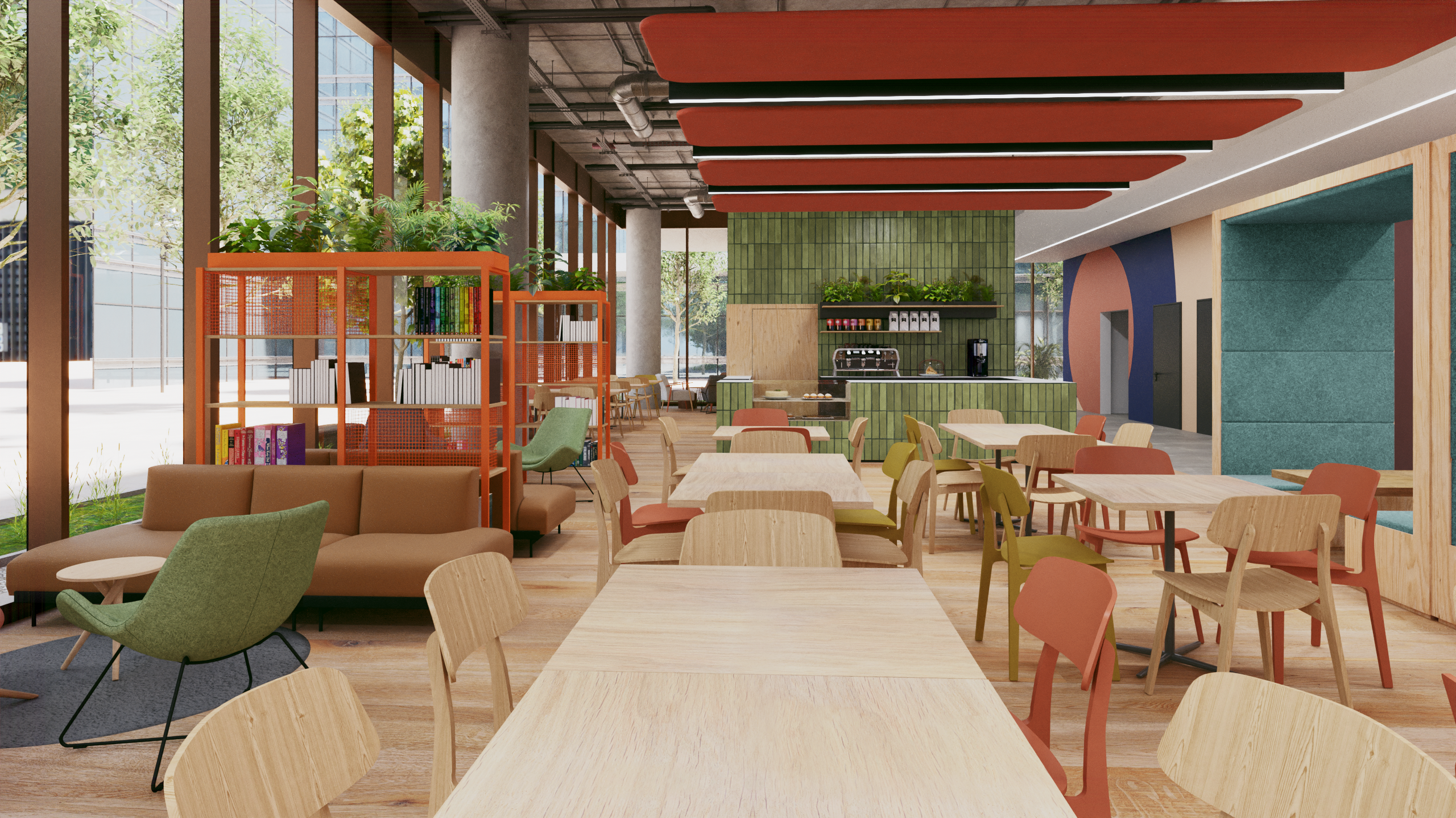 Ground-floor cafe with high tables and mixed seating