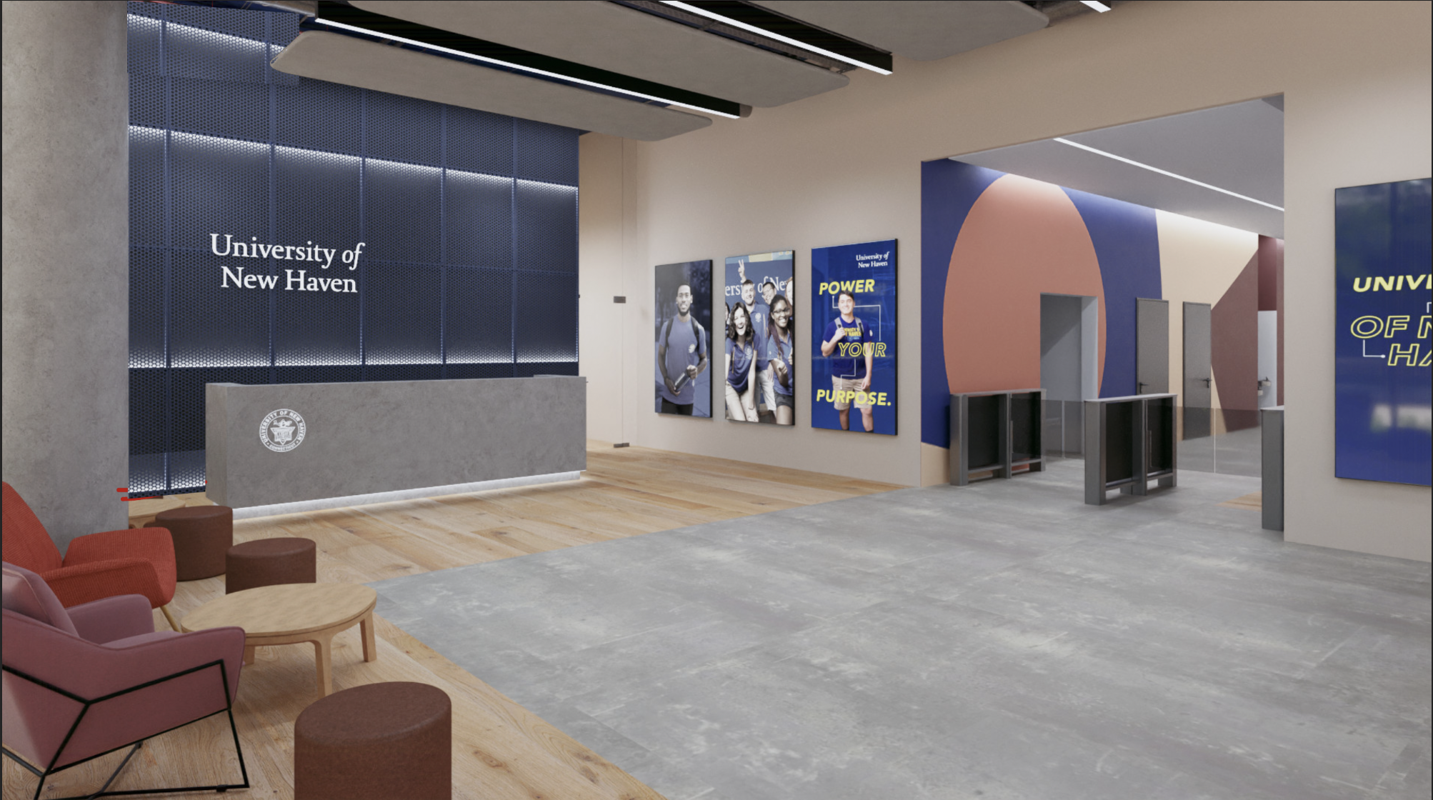 Reception at the University of New Haven – Riyadh, with the University name and seal, digital student life displays and comfortable seating
