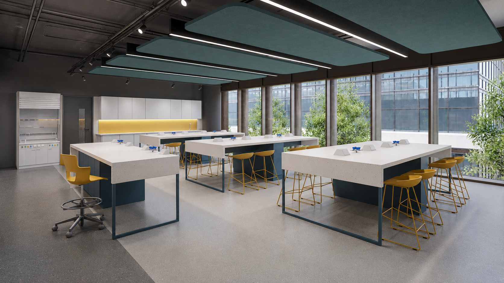 Science laboratory at the University of New Haven – Riyadh, with specialist equipment, natural light and modern furniture